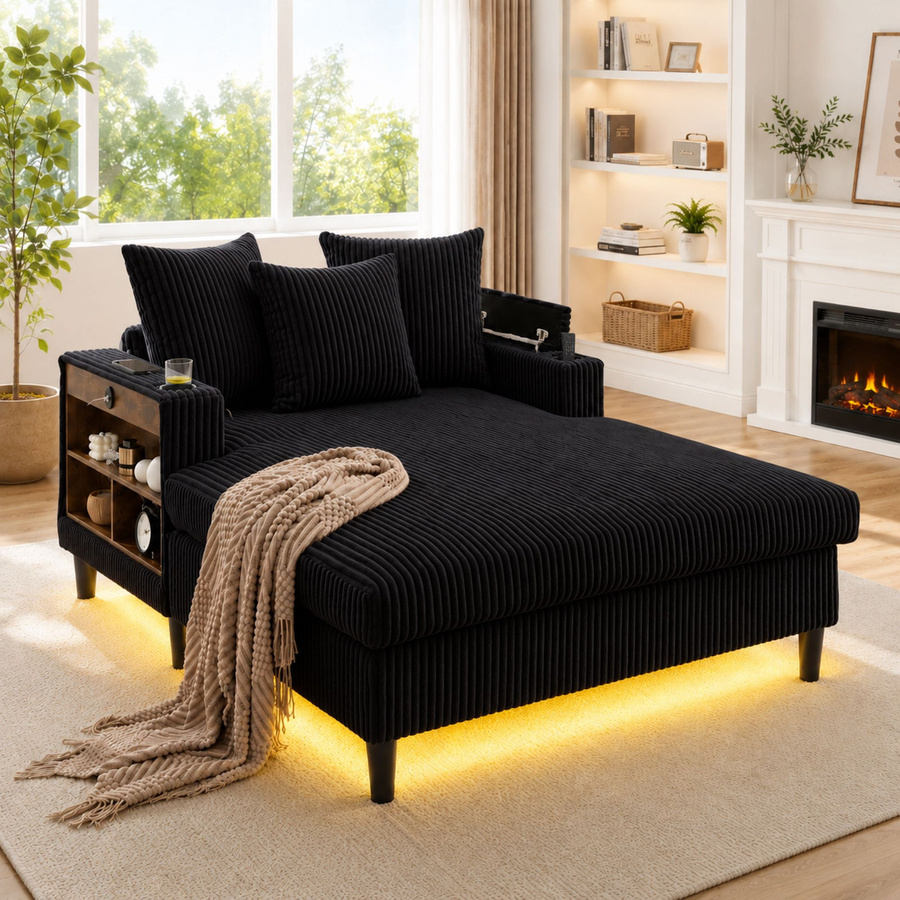 GOMYWAY Home Multifunktionale Cord-Chaiselongue in Schwarz mit beidseitigen Getränkehaltern und klappbarer Armlehne, B/T/H: 129 x 170 x 70 cm - Bild 2