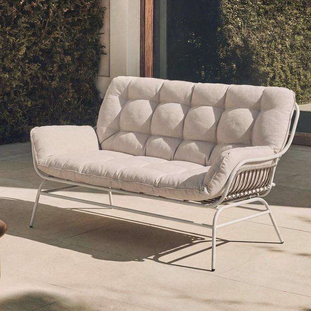 MCW 2er-Sofa P75 Gartenbank aus Poly-Rattan und Metall in Hellgrau mit beigen Polstern - Bild 1
