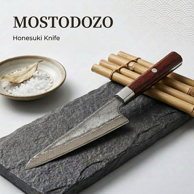 MOSTODOZO Honesuki Kochmesser aus 67-lagigem Damaszener Stahl, handgefertigtes japanisches Entbeiner-Messer mit Holzgriff in Braun, 15,24 cm - Bild 1