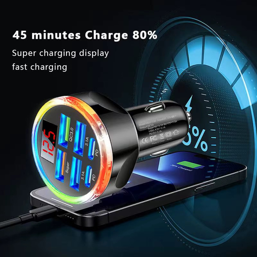 UYUXIO 6-in-1 USB-C Autoladegerät mit Voltmeter und Multi-Port für schnelles Laden in Schwarz - Bild 3