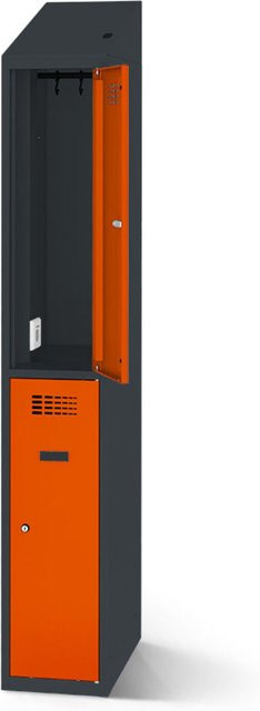 rotstahl Garderobenspind mit Ladefunktion und 2 Türen, Farbe Orange, Korpus Anthrazitgrau, B: 30 cm, H: 200 cm - Bild 1