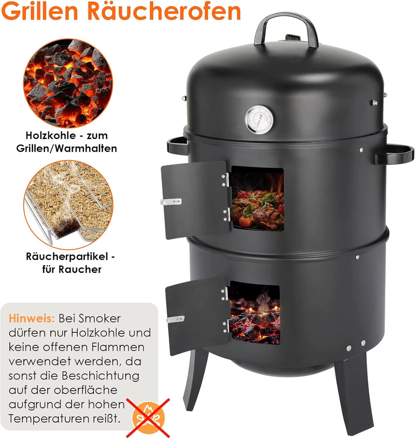 Tragbarer 3-in-1 Vertikal-Holzkohlegrill und Räuchergrill aus Edelstahl in Schwarz mit integriertem Thermometer und einstellbarem Entlüftungssystem, H: 81,0 cm, B: 51,0 cm, T: 51,0 cm - Bild 6