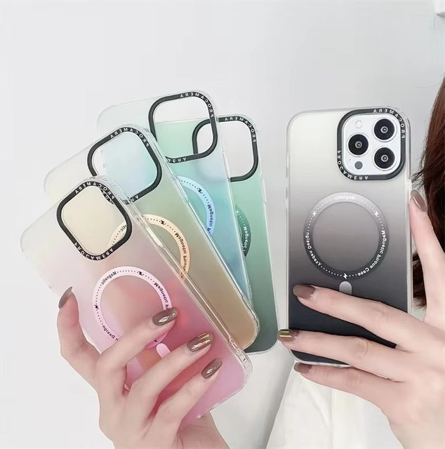 Stoßfeste MagSafe kompatible Schutzhülle für iPhone 15 Pro, 14, 13, 12, 11 Pro Max Plus in Farbverlauf Multicolor und Schwarz - Bild 1