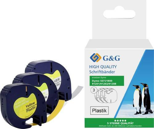 G&G 3er Set Thermobandrollen kompatibel mit DYMO LetraTAG, Farben: Weiß, Gelb, Silber, Schriftfarbe: Schwarz - Bild 1