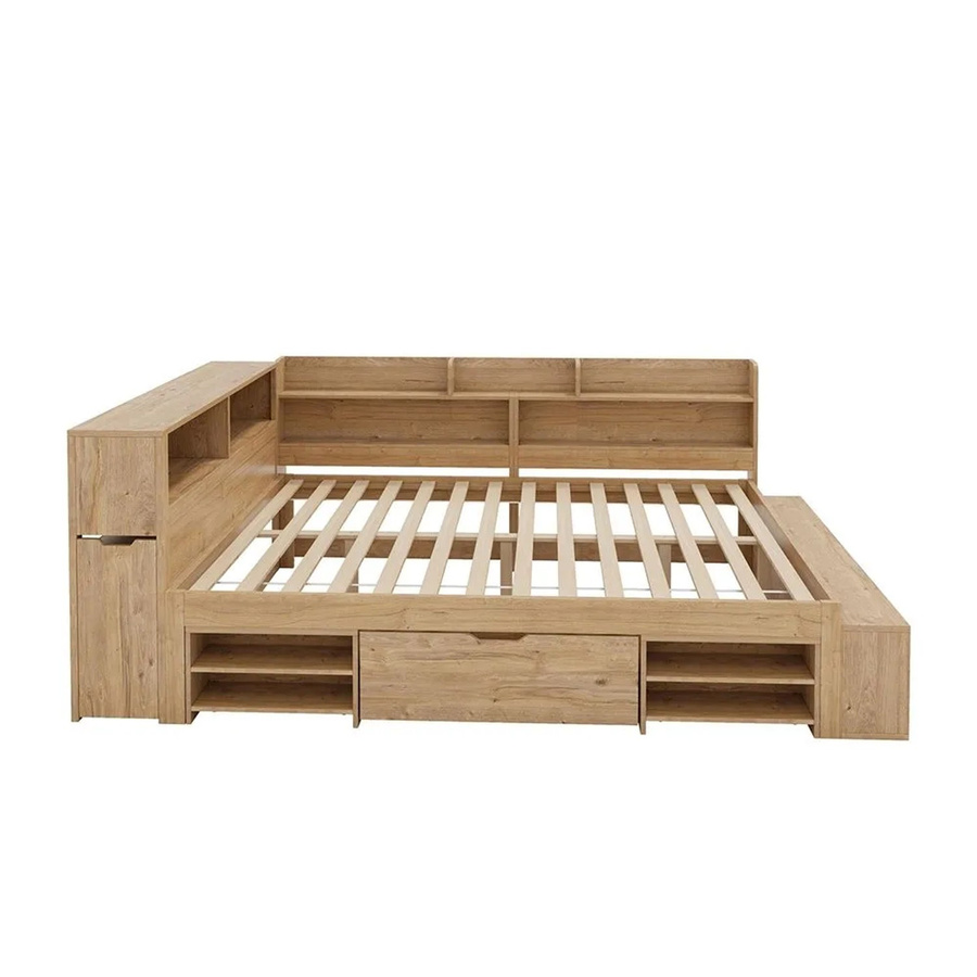KOMHTOM Kinderbett aus Massivholz mit Stauraum, Schubladen und Regalen, Naturholz/Braun, B/T/H: 140 x 200 cm - Bild 2
