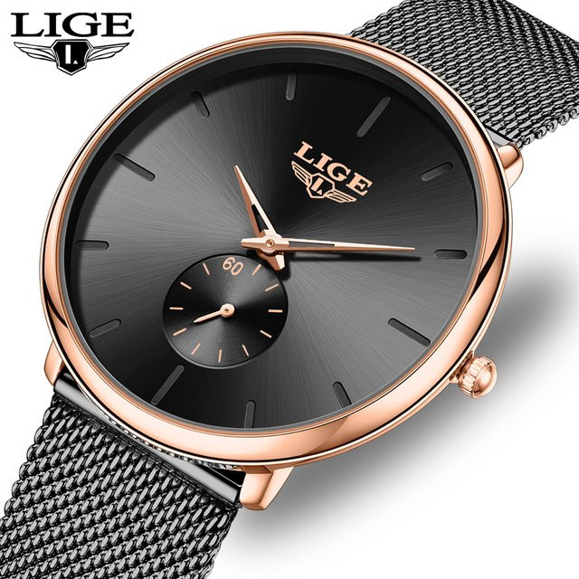 LIGE Armbanduhr Quarz, Edelstahl, Milanaise, Schwarz, Herren - Bild 1