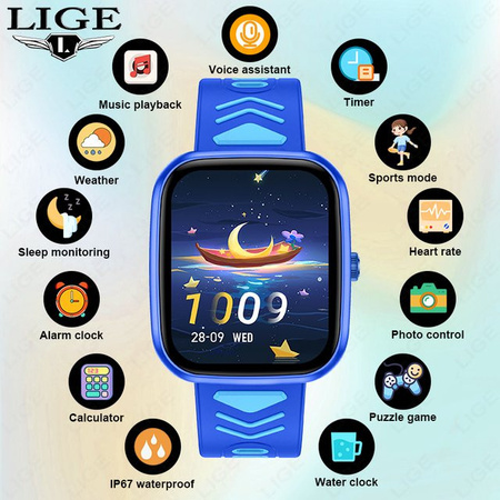 LIGE Smartwatch, Schwarz, Silikon, Kinder, Schrittzähler, wasserdicht