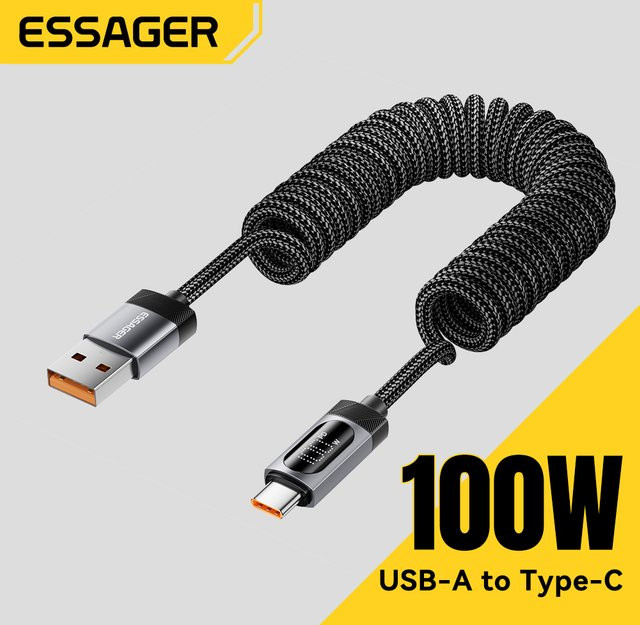 Essager 100 W Auto-Feder-Typ-C-Kabel für schnelles Aufladen von iPhone, Xiaomi, Samsung, MacBook und iPad in Schwarz oder Grau - Bild 1