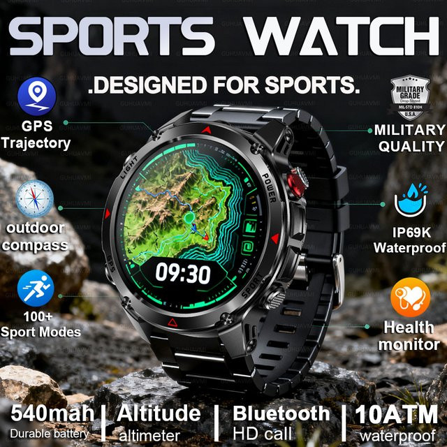 GUHUAVMI Militärische GPS Smartwatch mit 1,46 Zoll HD AMOLED Display, Wasserdichtes Outdoor-Sport Fitness Armband in Schwarz - Bild 1