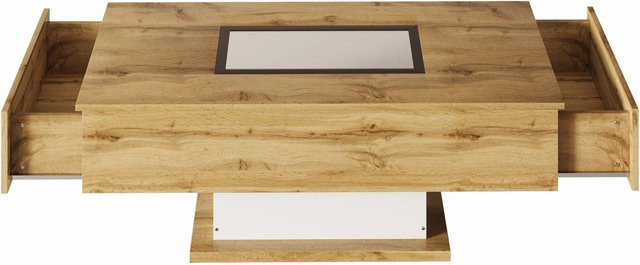 okwish Couchtisch mit LED-Licht und 2 Schubladen aus Glas und MDF in Wild Oak, B/T/H: 110,2 x 60,0 x 39,7 cm - Bild 1