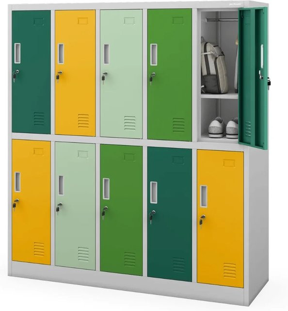 DELUKE Umkleideschrank Spind BARTUS mit 10 Abteilen, Grün-Gelb, B/T/H: 150 x 45 x 136 cm - Bild 1