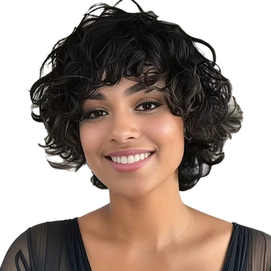 OYM HAIR Bob-Perücke, lockig mit Pony, 100 % Echthaar, Schwarz, Damen - Bild 6