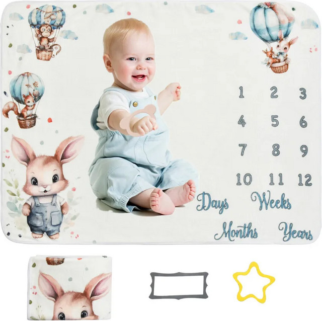 VIKAMA Baby Meilensteindecke mit Cartoon-Tierdruck für Neugeborene, Monatliche Wachstumstabelle zur Fotografie, Mehrfarbig - Bild 1