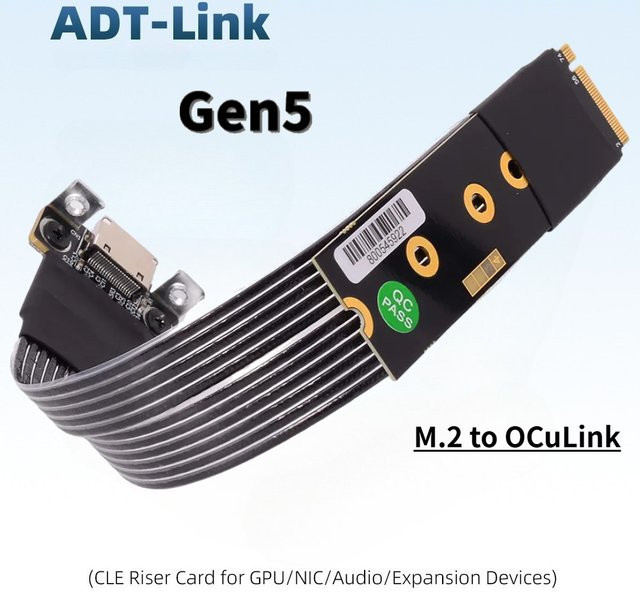 ADT-Link M.2 NVMe zu OCuLink Riser-Kabel PCIe 5.0/4.0 X4, SFF-8611/8612 Adapterkabel für externe Grafikkarten, Schwarz - Bild 1