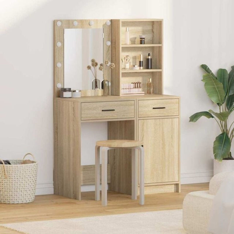Schminktisch Set mit Regal aus Holzwerkstoff in Sonoma-Eiche von vidaxl, 2-teiliges modernes Set in Braun - Bild 1
