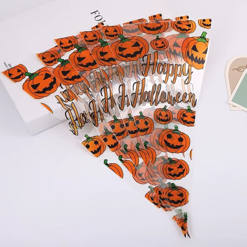 ZYF Halloween Süßigkeiten Taschen, 100 Stück transparente Kunststoff Beutel mit Kürbis-Print für Party-Snacks - Bild 2