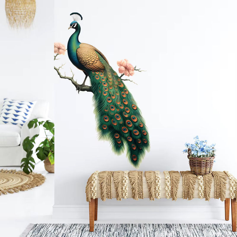 Selbstklebender Wandaufkleber mit Pfau und Zweigen in Vintage-Optik, mehrfarbig und schwarz - Bild 4