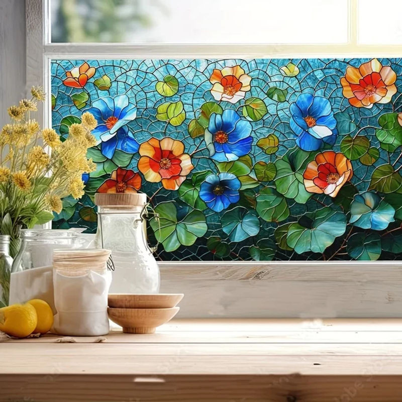 Blumen Fensterfolie mit floralem Design als elektrostatische Glasfenster Dekoration für Privatsphäre in Badezimmer und Schlafzimmer, mehrfarbig, rechteckig - Bild 1