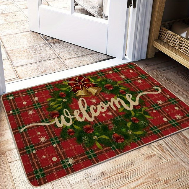 VIKAMA Weihnachtstürmatte mit Weihnachtskranz und Glocken im karierten Design, rutschfest und dekorativ - Bild 1