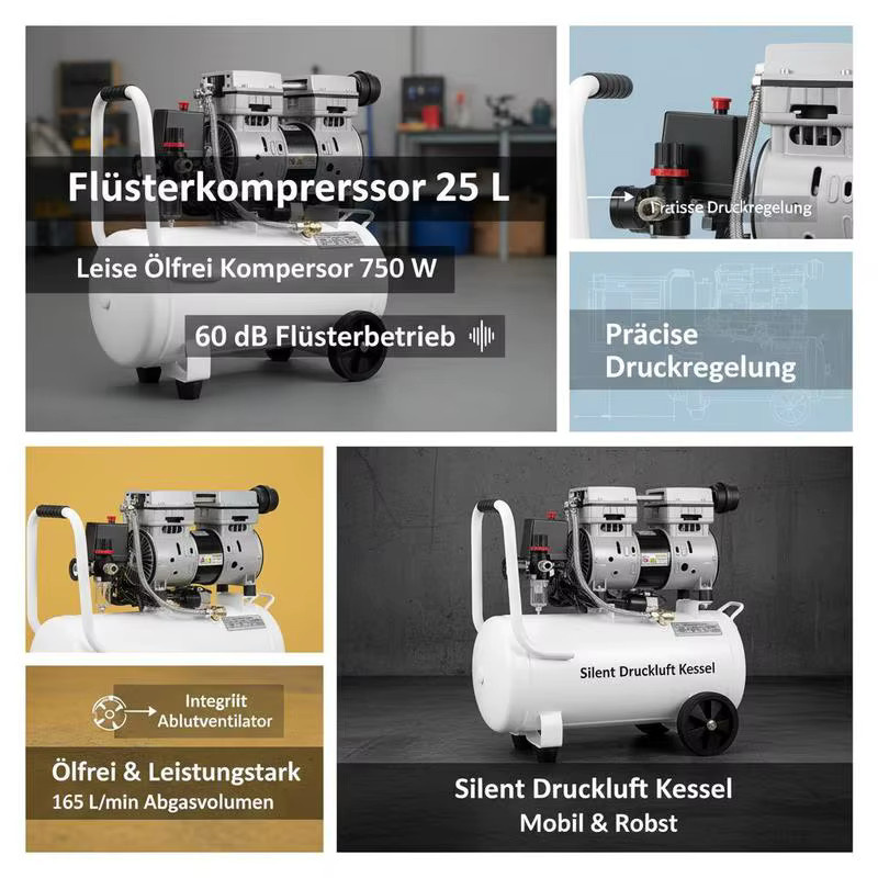 Leiser ölfreier Flüsterkompressor 25L mit 750W und 165L/min Abluftvolumen in Rot-Weiß - Bild 5