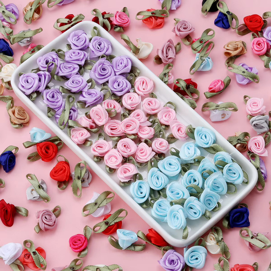 50 Stück Satinband-Rosenblumen mit grünen Blättern in Pink und Multicolour für DIY-Dekorationen, Nähen und Hochzeiten - Bild 2