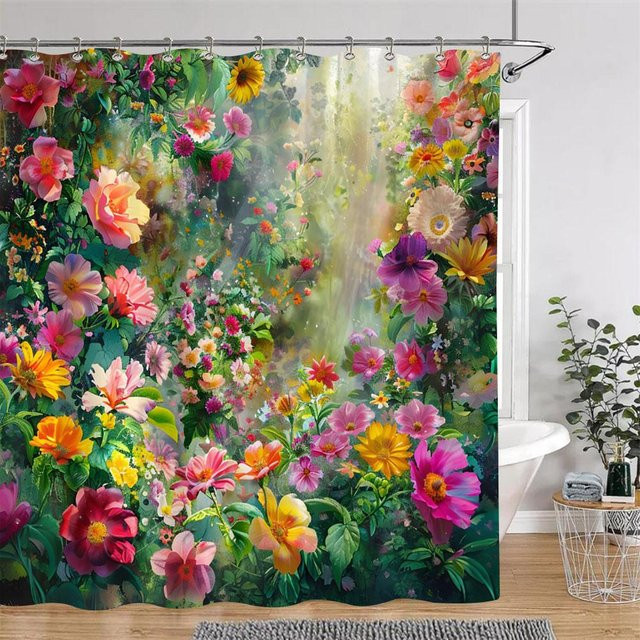 Dunika Chen Duschvorhang mit Aquarell Blumenmuster in Multicolour, wasserdicht und schimmelresistent aus Polyester, B: 60 cm, H: 190 cm - Bild 1