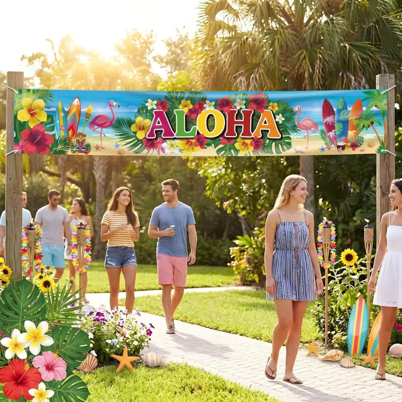 VIKAMA ALOHA Hawaiianisches Zaunbanner mit Flamingo und Hibiskus als tropische Luau-Party-Kulisse für Sommer- und Strandpartys, Mehrfarbig, B: 180 cm, H: 35 cm - Bild 5