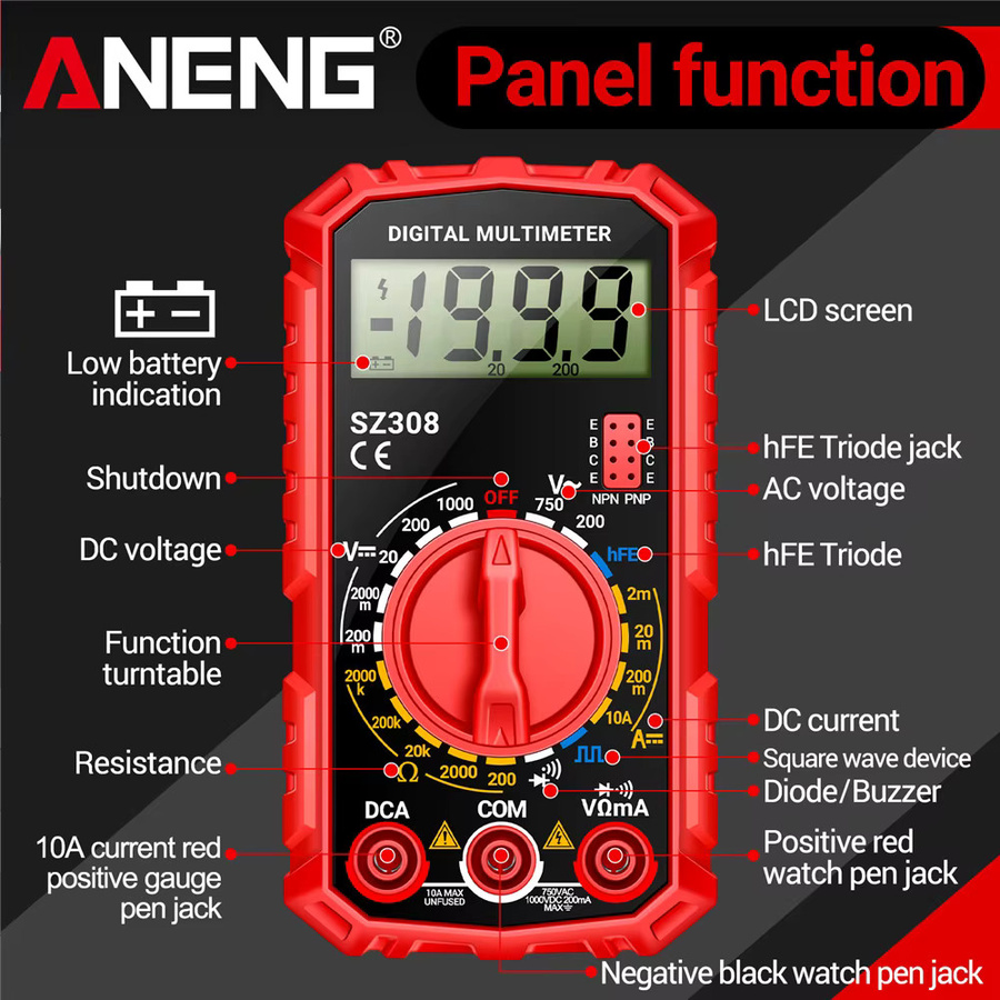 ANENG SZ308 Digital-Multimeter Tester für AC/DC Spannung, DC Strom, Widerstand und Diode in Rot - Bild 5