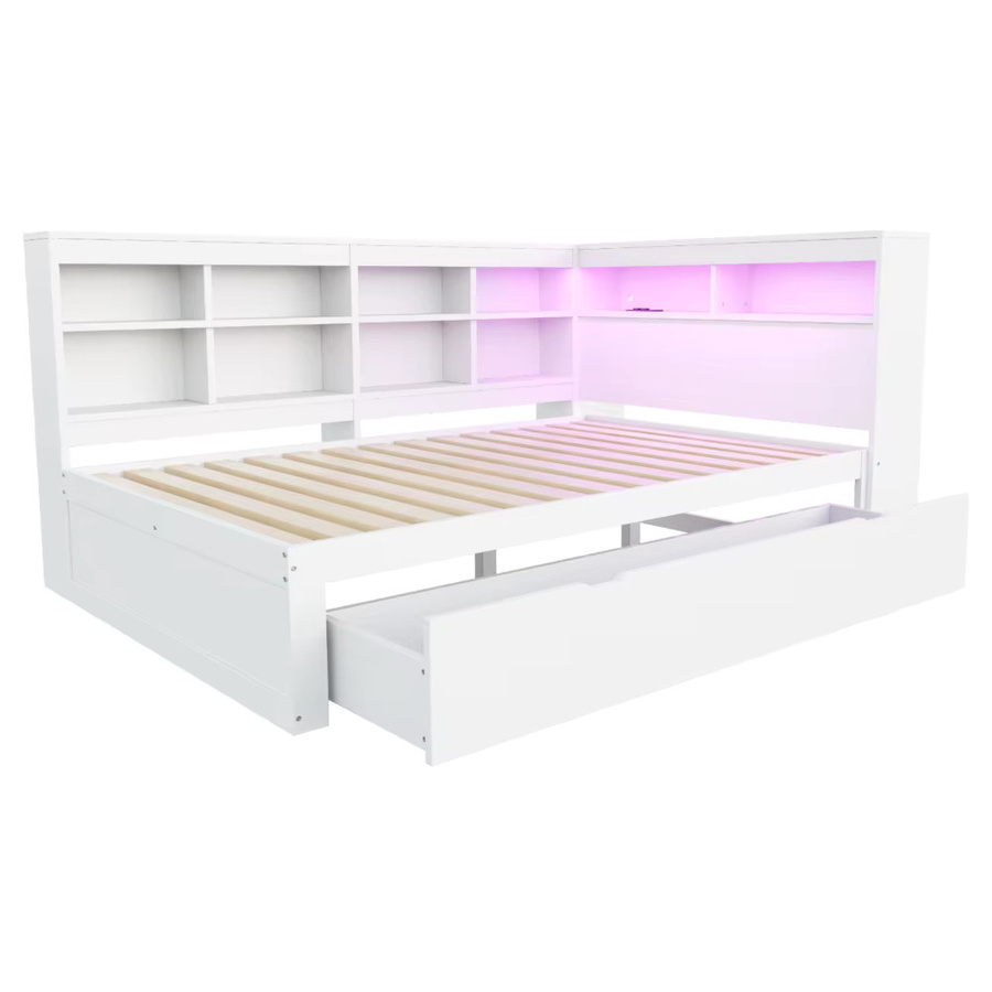 Modernes Massivholz-Doppelbett in Weiß mit USB-Ladeport, LED-Lichtleiste und Ablagefächern, B/T: 200 x 140 cm - Bild 3