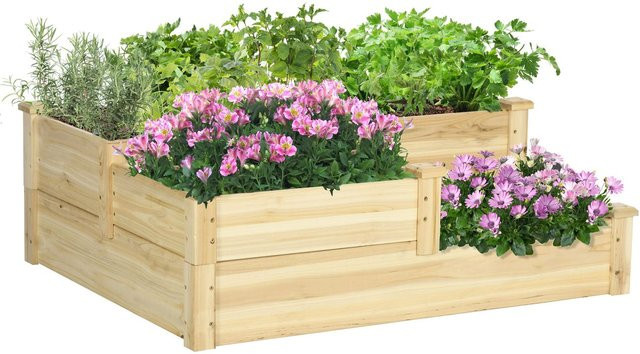 Outsunny 3-stufiges Hochbeet aus Tannenholz in Braun, Pflanzentreppe für Garten und Balkon, B: 88 cm, H: 36 cm, L: 108 cm - Bild 1