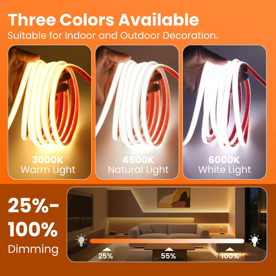 HEGEHE COB Neon LED-Streifen Set, IP65 Wasserdicht, Dimmbar mit Timer, 288 LEDs, 220V AC, Weiß, 1 m Länge - Bild 3