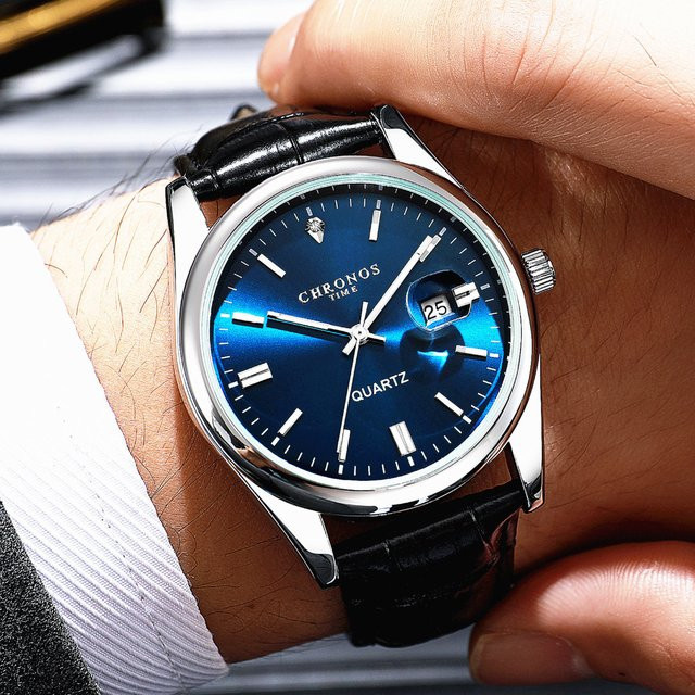 CHRONOS Armbanduhr Herren, Leder, Edelstahl, Blau, Datum, Analoguhr - Bild 1