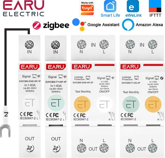 EARU Smart MCB Schutzschalter mit kWh Energiemesser und Spannungs-Stromschutz, WiFi ZigBee kompatibel, Weiß - Bild 1