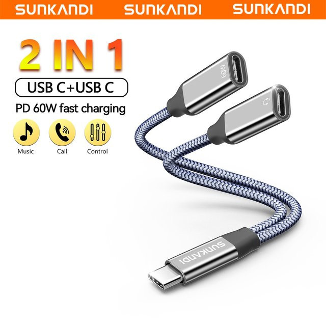 SUNKANDI USB-C auf Dual Type-C Adapter mit 60 W Ladeleistung und 3,5 mm Kopfhöreranschluss in Silber für iPhone 16 15 und Samsung - Bild 1