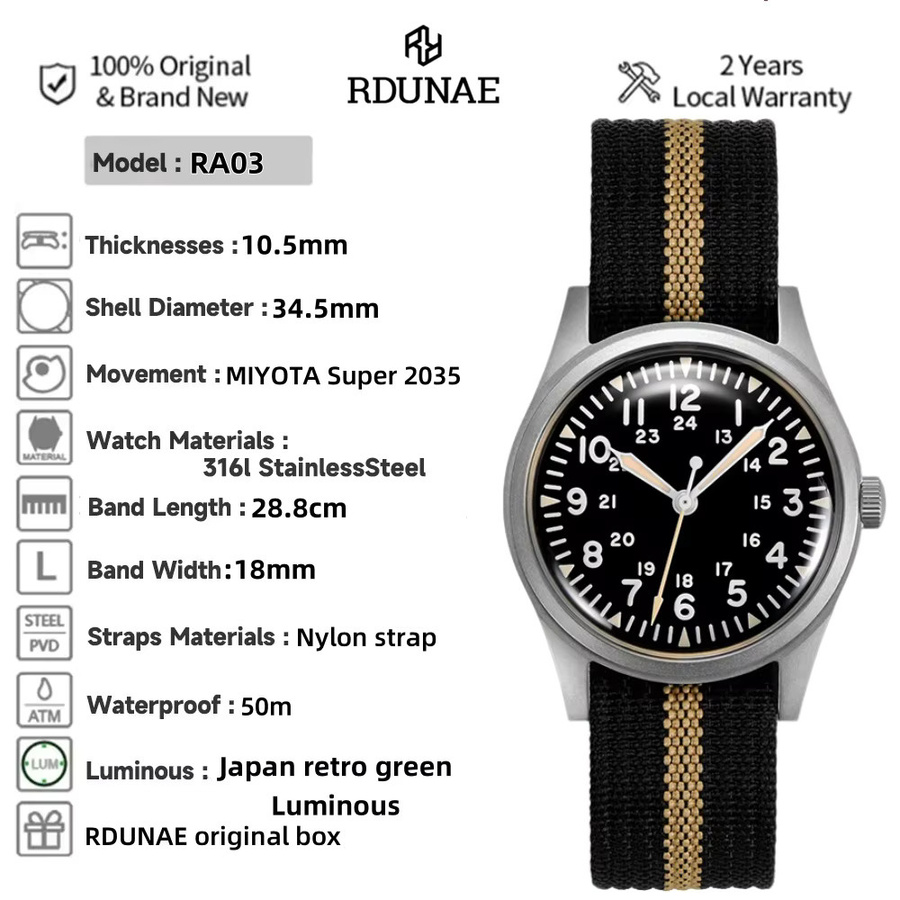 RDUNAE Armbanduhr Quarz, Edelstahl, Schwarz, 34,5 mm, Herren - Bild 2