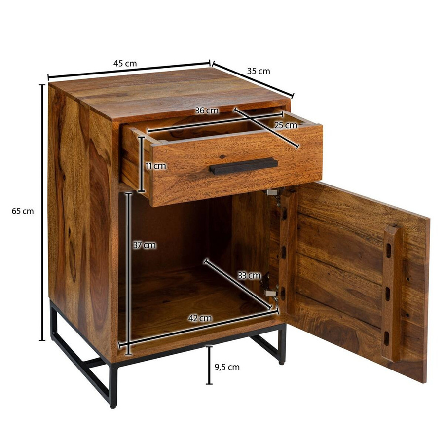 Wohnling Nachtkonsole im Industrial-Style aus Sheesham Massivholz und Eisen, Braun/Schwarz, B/H/T: 45 x 65 x 35 cm - Bild 2