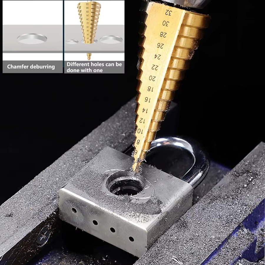 SI FANG Stufenbohrer Set mit gerader Nut und Sechskantschaft, titanbeschichtet, 3 Stück (4–12 mm, 4–20 mm, 4–32 mm) - Bild 5