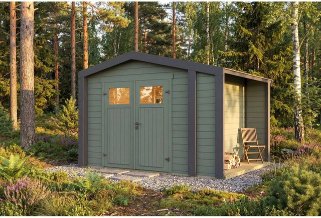 Weka Holz-Gartenhaus Killarney mit Satteldach in Grau-Grün lasiert, B: 311 cm, T: 263 cm, H: 241 cm - Bild 1
