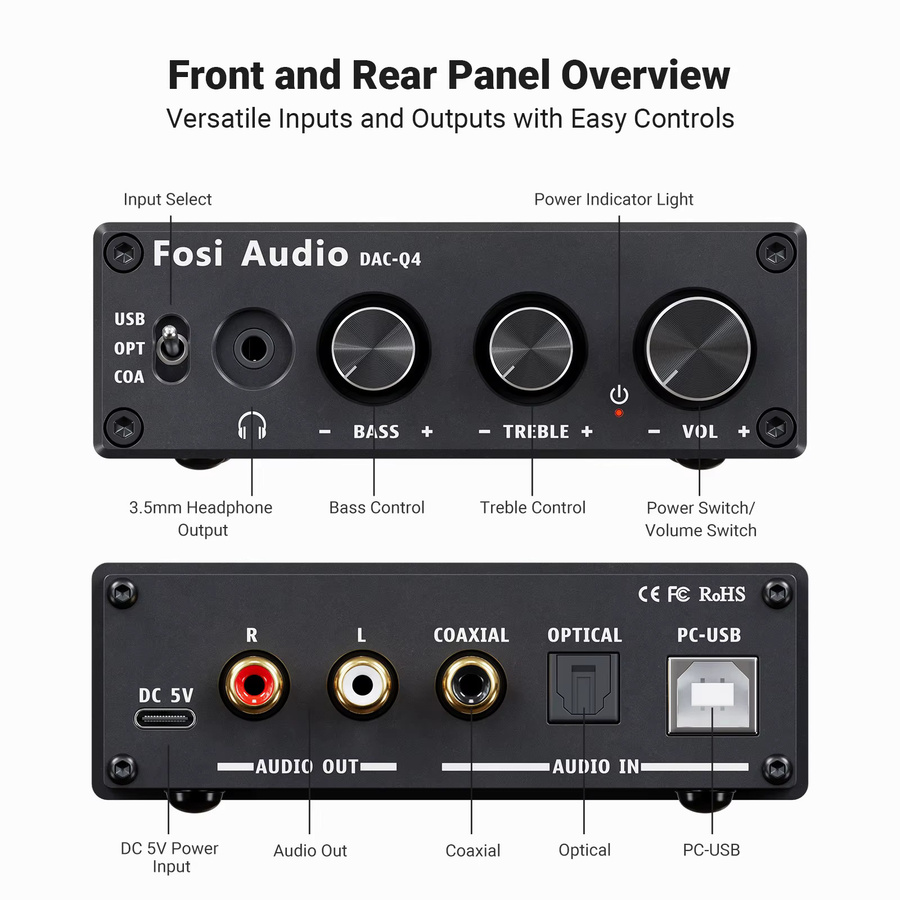 Fosi Audio Q4 Mini Stereo USB Gaming DAC und Kopfhörerverstärker in Schwarz - Bild 2