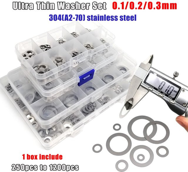 Ultradünnes Unterlegscheiben-Set aus 304 Edelstahl in Silber, Mixgrößen M3 bis M20 mit Stärken 0,1 mm, 0,2 mm und 0,3 mm - Bild 1