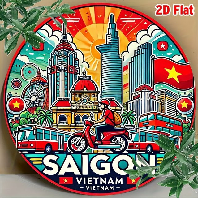 Potdemiel Metallschild Ho Chi Minh City Vietnam Retro Vintage Stadtbild Kunst, runde Aluminium-Wanddekoration, Durchmesser: 20,3 cm, Mehrfarbig - Bild 1