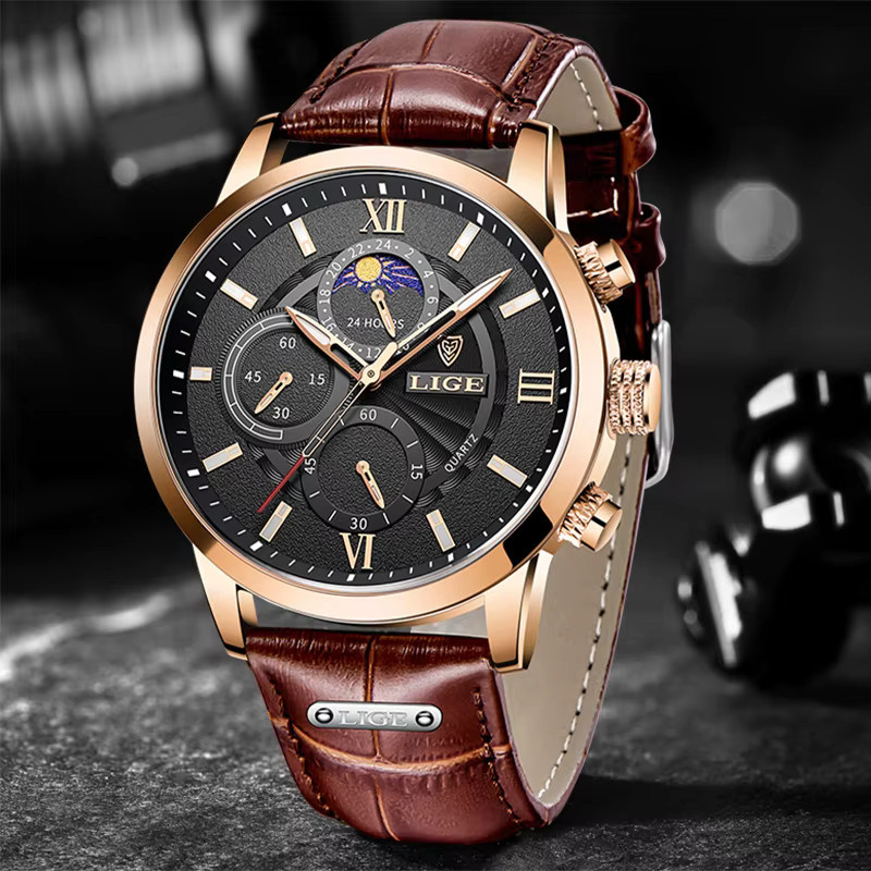 LIGE Armbanduhr Quarz, Leder, Schwarz, Silber, Herren - Bild 4