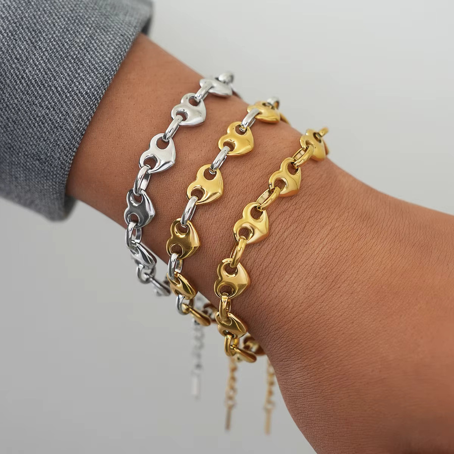 Uself Armband, 18 Karat vergoldeter Edelstahl, zweifarbig, Herz-Knopf-Armband - Bild 2