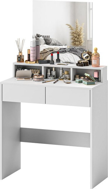 HOMCOM Schminktisch mit Spiegel in Weiß, moderner Schminktisch mit 2 Schubladen und 3 Fächern für dein Schlafzimmer, B/T/H: 75 x 38 x 135 cm - Bild 1
