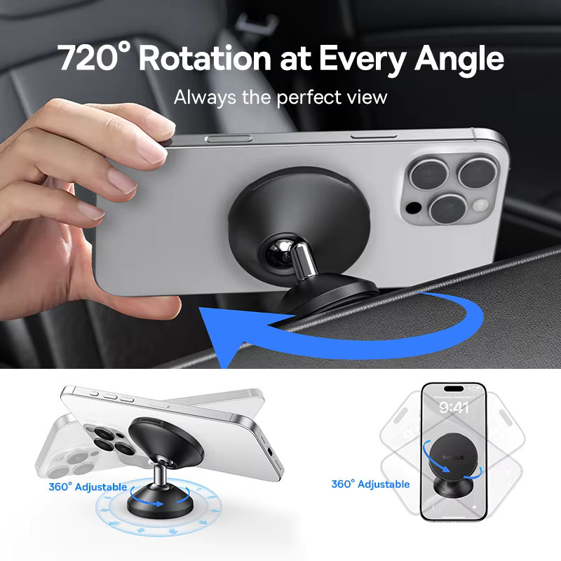 Baseus Magnetische Auto-Handyhalterung in Schwarz für iPhone, Xiaomi und Huawei mit voll drehbarer Metall-Halterung und Aufkleber - Bild 2