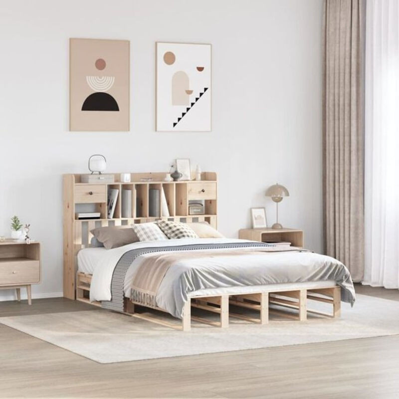Massivholzbett mit Regal aus Kiefernholz in Natur Braun von Vidaxl, B/T/H: 140 x 200 cm - Bild 1