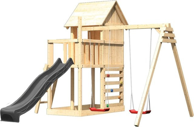 Karibu Spielhaus Frieda aus Massivholz in Anthrazit mit Rutsche, Doppelschaukel und Kletterwand - Bild 1