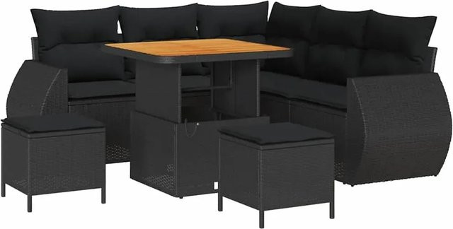 vidaXL Garten-Sofa-Set 8-teilig in Schwarz aus Poly Rattan und Akazienholz mit Tisch und Hockern - Bild 1
