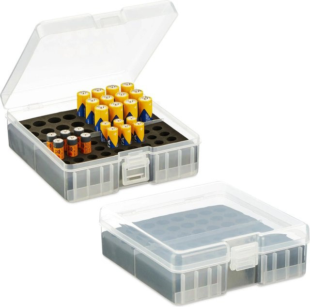 Relaxdays Batteriebox aus Kunststoff im 2er Set für AAA und AA, transparent und schwarz, B: 15 cm, T: 15 cm, H: 5,5 cm - Bild 1
