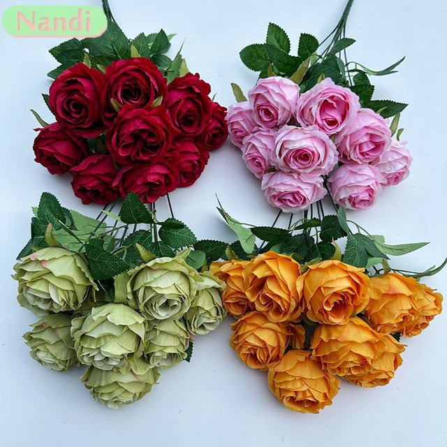 Künstlicher Blumenstrauß NANDI mit Seidenrosen in Orange und Multicolour, 9 Stiele - Bild 1